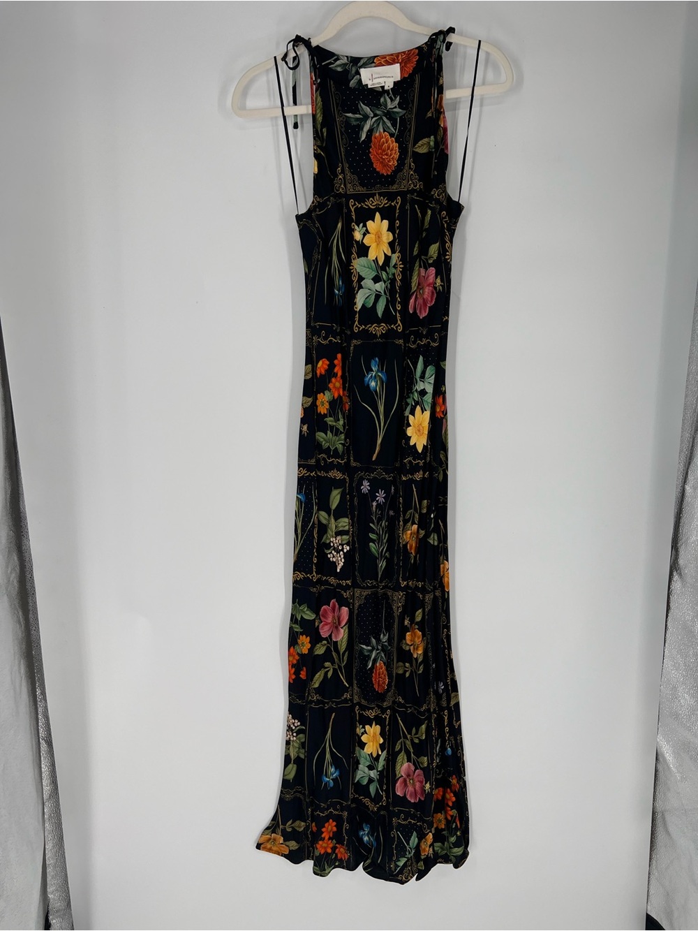 Anthropologie Floral Motif Black Bow Tie Shoulder Sleeveless Maxi Dress M NWT